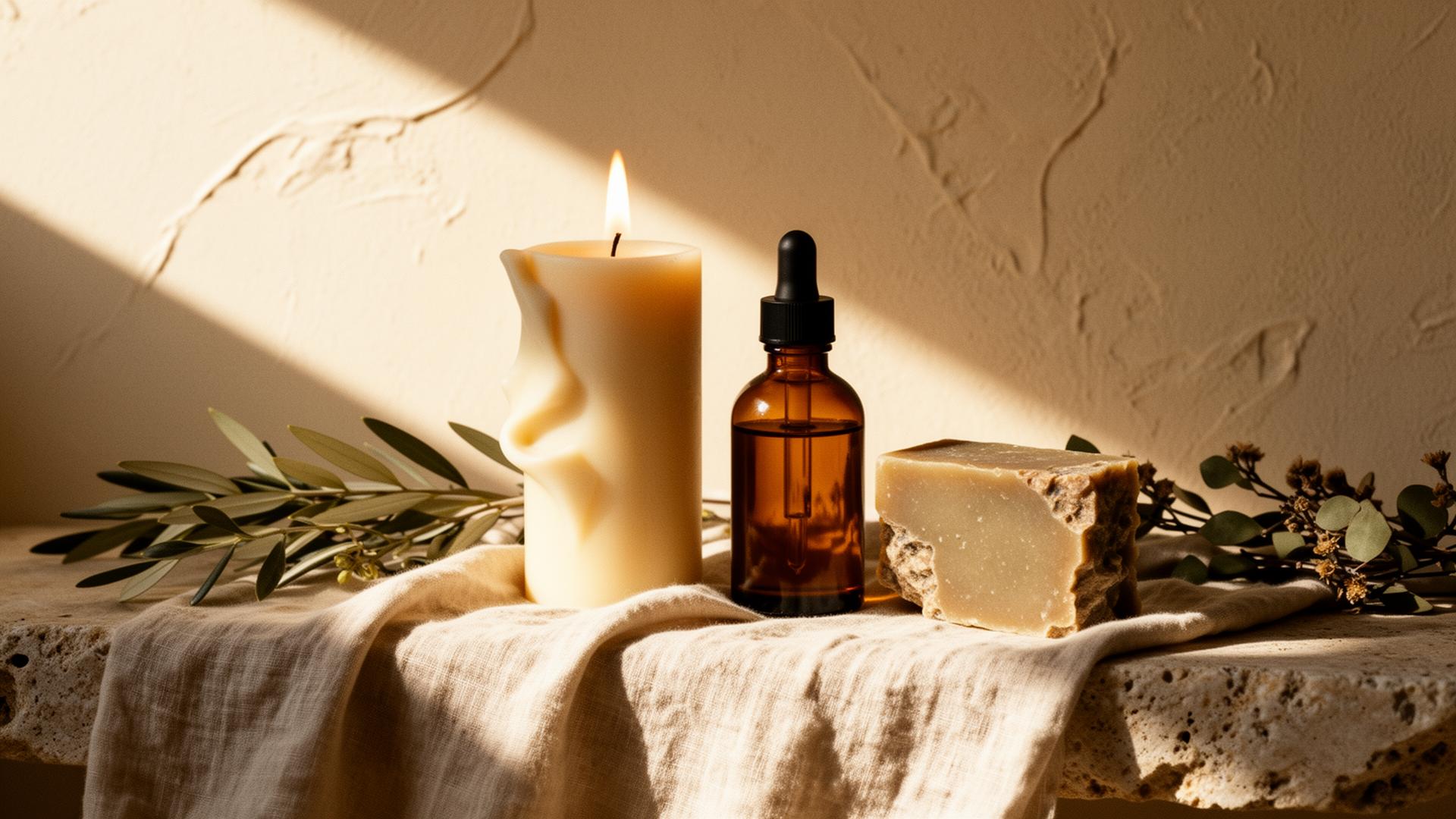 Handmade candle, amber body oil, and natural soap bar resting on a linen-draped stone shelf in warm afternoon light